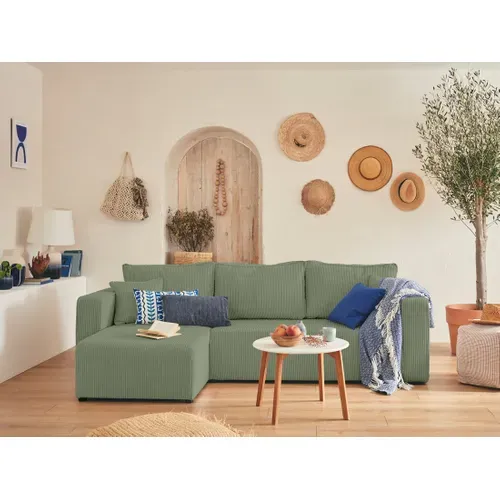 Canapé D'angle  - 4 Places - Convertible Avec Coffre - En Velours Côtelé Vert Sauge