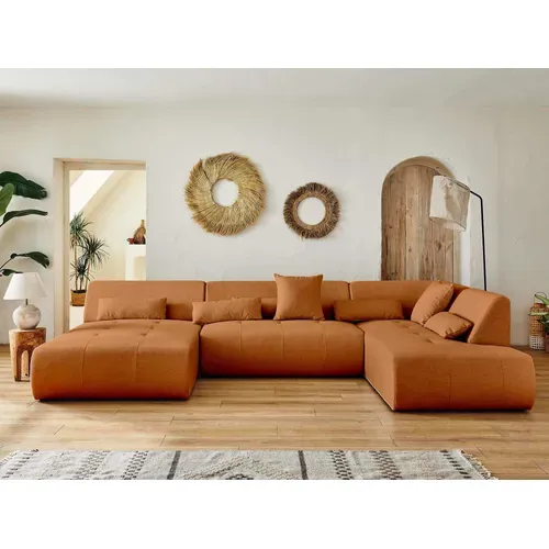 Onyx - Canapé Panoramique D'angle Droit 7 Places - En Tissu Rouille