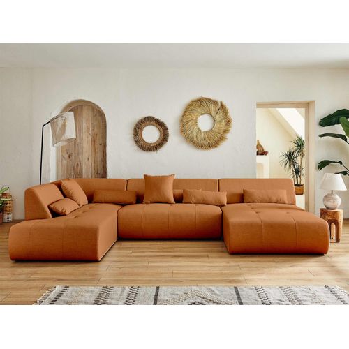 Onyx - Canapé Panoramique D'angle Gauche 7 Places - En Tissu Rouille