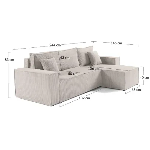 Cezanne - Canapé D'angle  - 4 Places - Convertible Avec Coffre - En Velours Côtelé Beige