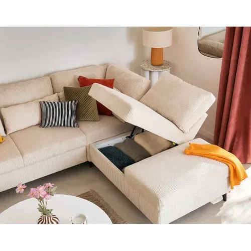 Canapé Angle Réversible Convertible 5 Places Aubepine En Velours Côtelé Beige