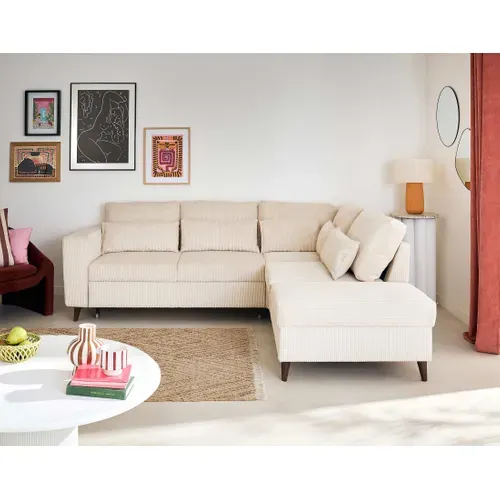 Canapé Angle Réversible Convertible 5 Places Aubepine En Velours Côtelé Beige