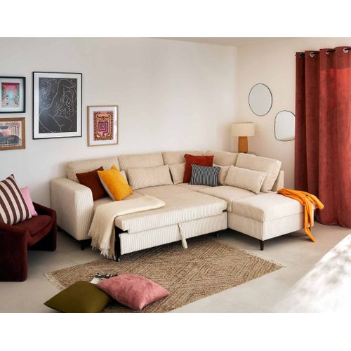 Canapé Angle Réversible Convertible 5 Places Aubepine En Velours Côtelé Beige