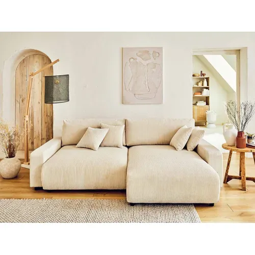 Pivoine - Canapé D'angle Réversible - 4 Places - Convertible Avec Coffre - En Velours Côtelé Beige