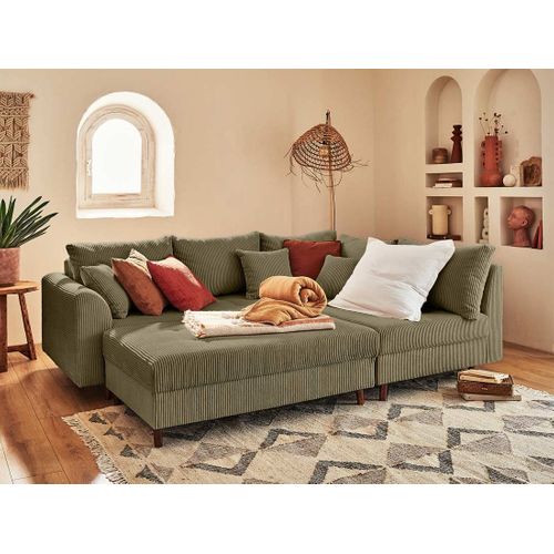 Canapé Angle Droit Convertible 4 Places Rune En Velours Côtelé Vert