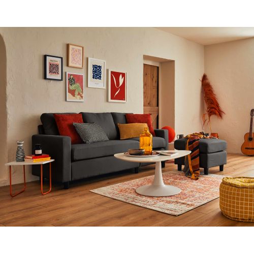 Vianon - Canapé D'angle Modulable 3 Places + 1 Pouf - En Tissu Gris Foncé