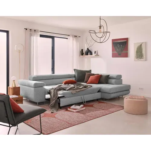 Canapé Angle Droit Convertible 5 Places Zaria En Velours Côtelé Gris Clair