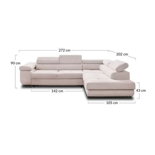 Canapé Angle Droit Convertible 5 Places Zaria En Velours Côtelé Gris Clair