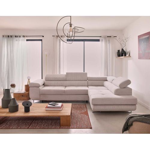 Canapé Angle Droit Convertible 5 Places Zaria En Velours Côtelé Beige