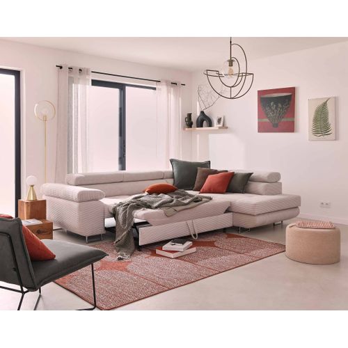 Canapé Angle Droit Convertible 5 Places Zaria En Velours Côtelé Beige