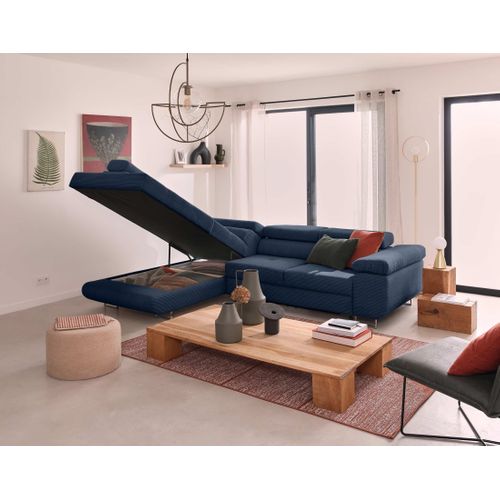 Canapé Angle Gauche Convertible 5 Places Zaria En Velours Côtelé Bleu