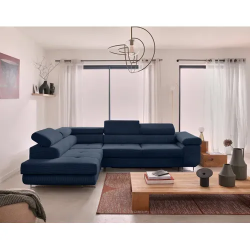 Canapé Angle Gauche Convertible 5 Places Zaria En Velours Côtelé Bleu