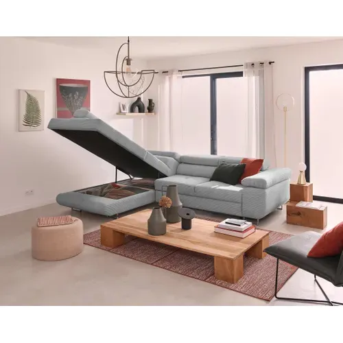 Canapé D'angle Gauche Convertible Avec Coffre Et Têtières Réglables 5 Places Zaria Gris Clair
