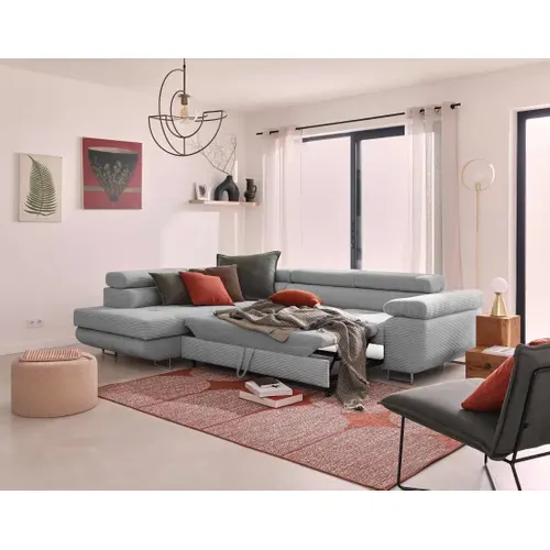 Canapé D'angle Gauche Convertible Avec Coffre Et Têtières Réglables 5 Places Zaria Gris Clair