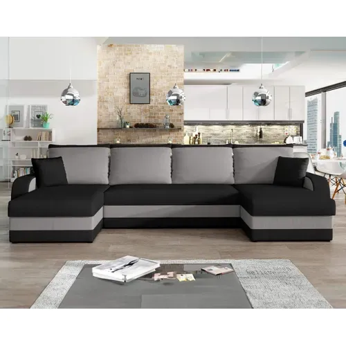 Valos - Canapé Panoramique 7 Places Convertible Coffre En Velours Noir / Gris