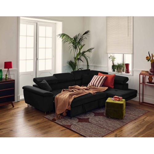 Canapé Angle Droit Convertible 5 Places Dimas En Velours Noir