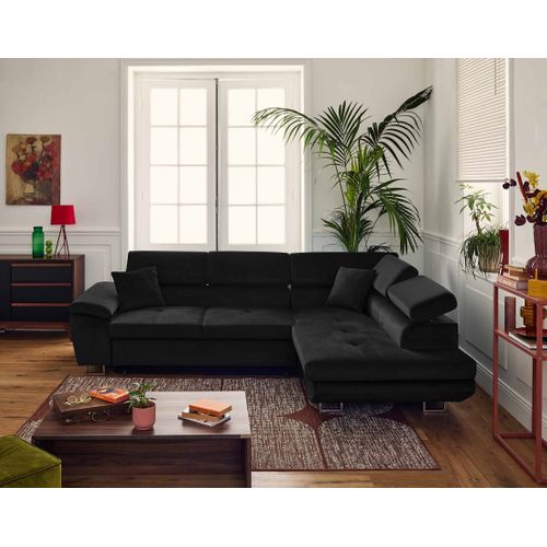 Canapé Angle Droit Convertible 5 Places Dimas En Velours Noir