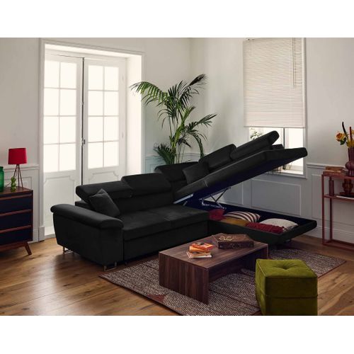 Canapé Angle Droit Convertible 5 Places Dimas En Velours Noir