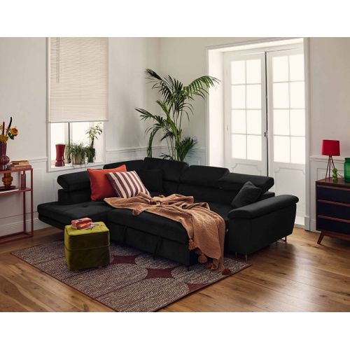 Canapé Angle Gauche Convertible 5 Places Dimas En Velours Noir