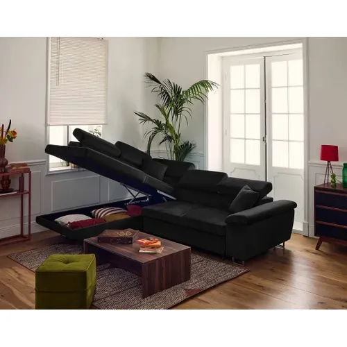 Canapé Angle Gauche Convertible 5 Places Dimas En Velours Noir