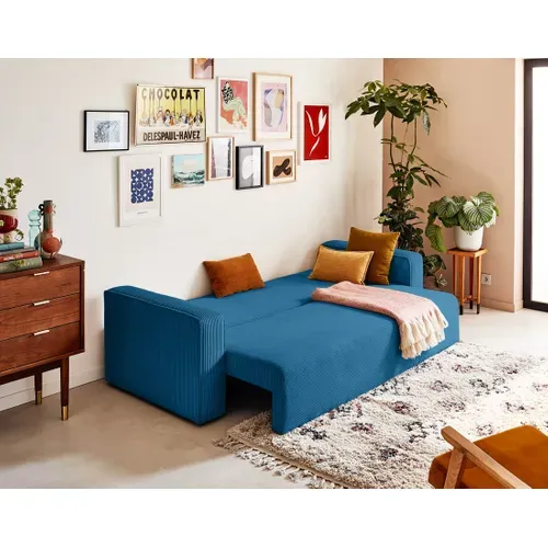 Canapé  Convertible 3 Places Topaze En Velours Côtelé Bleu Ardoise