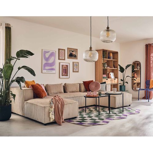 Canapé Panoramique 7 Places Stella En Velours Grosses Côtes Beige