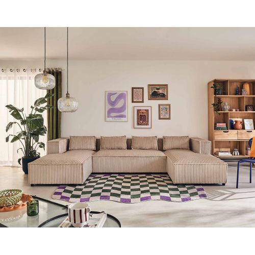 Canapé Panoramique 7 Places Stella En Velours Grosses Côtes Beige