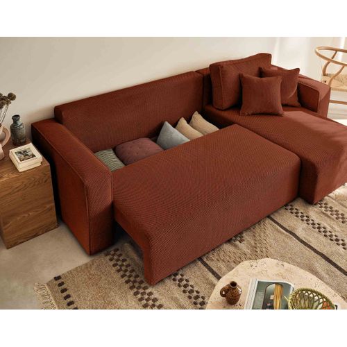 Canapé Angle Réversible Convertible 4 Places Topaze En Velours Texturé Terracotta