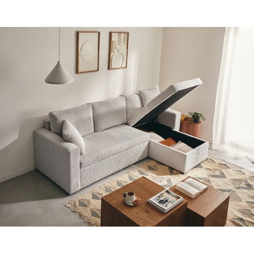 Cyrus - Canapé D'angle Réversible 4 Places - Convertible Avec Coffre - En Velours Côtelé Gris