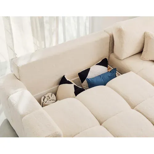 Crocus - Canapé D'angle  - 4 Places - Convertible Avec Coffre - En Fausse Fourrure Beige