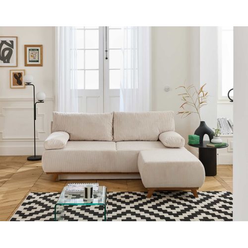 Canapé Droit Convertible 4 Places Cristal En Velours Côtelé Beige