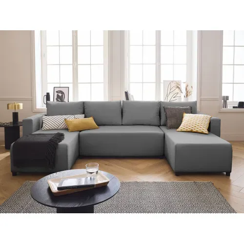 Regala - Canapé Panoramique 7 Places Convertible Avec Coffre En Tissu Gris