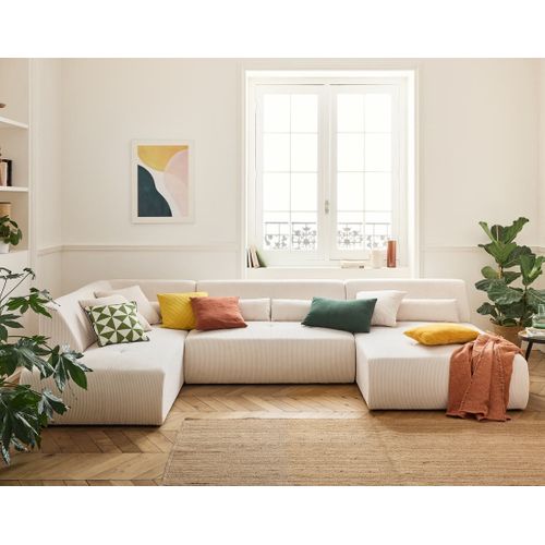 Onyx - Canapé Panoramique D'angle Gauche 7 Places - En Velours Côtelé Beige