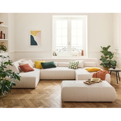 Onyx - Canapé Panoramique D'angle Gauche 7 Places - En Velours Côtelé Beige