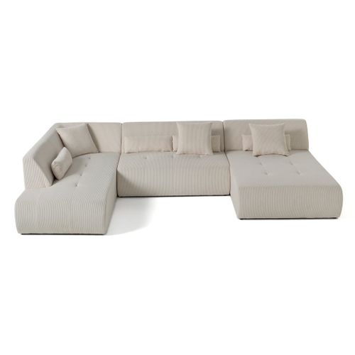 Onyx - Canapé Panoramique D'angle Gauche 7 Places - En Velours Côtelé Beige