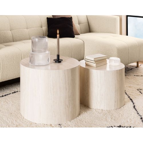 Pueblo - Lot De 2 Tables Basses Rondes - Effet Travertin - 58 Et 50 Cm