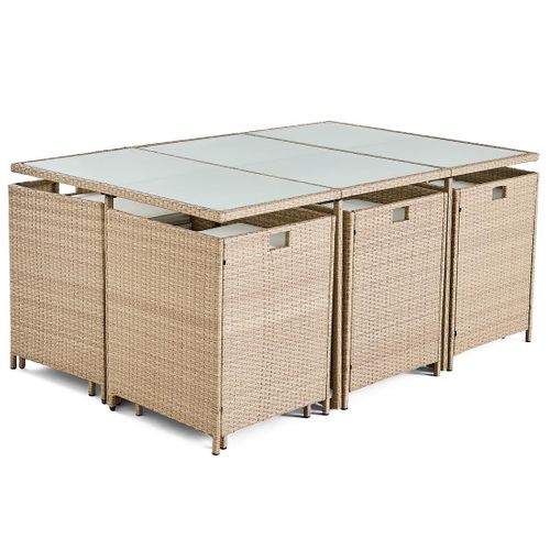 Fira - Salon De Jardin Encastrable En Résine Tressée Beige - 10 Places - Coussins Beige + Housse De