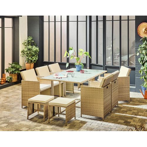 Fira - Salon De Jardin Encastrable En Résine Tressée Beige - 10 Places - Coussins Beige + Housse De