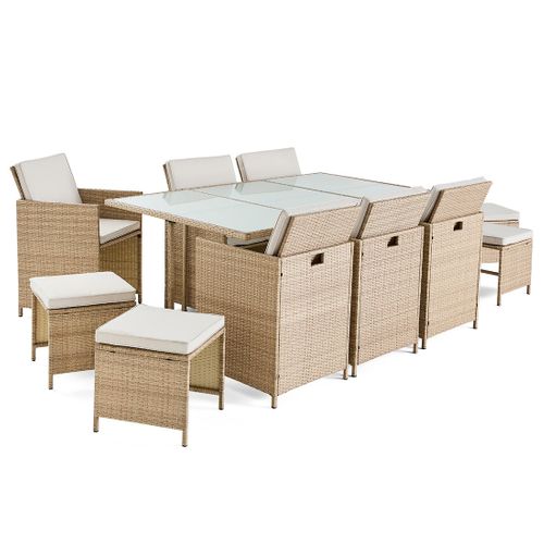 Fira - Salon De Jardin Encastrable En Résine Tressée Beige - 10 Places - Coussins Beige + Housse De