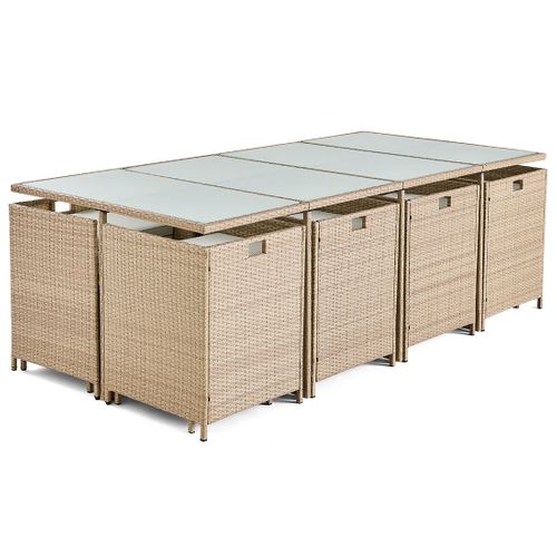 Fira – Salon De Jardin Encastrable En Résine Tressée Beige - 12 Places - Coussins Beige + Housse De