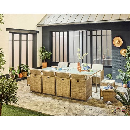 Fira – Salon De Jardin Encastrable En Résine Tressée Beige - 12 Places - Coussins Beige + Housse De
