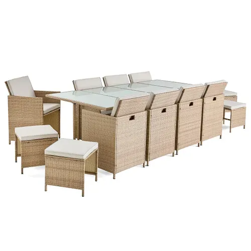 Fira – Salon De Jardin Encastrable En Résine Tressée Beige - 12 Places - Coussins Beige + Housse De