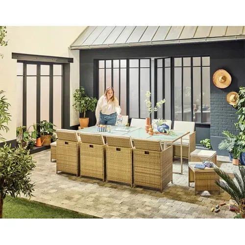 Fira – Salon De Jardin Encastrable En Résine Tressée Beige - 12 Places - Coussins Beige + Housse De