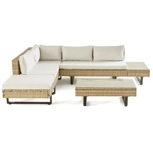 Sashi – Salon De Jardin D'angle En Résine Beige Et Grise – 5 Places - Coussins Gris Clair Et Table I