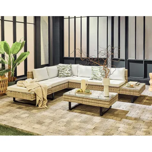 Sashi – Salon De Jardin D'angle En Résine Beige Et Grise – 5 Places - Coussins Gris Clair Et Table I