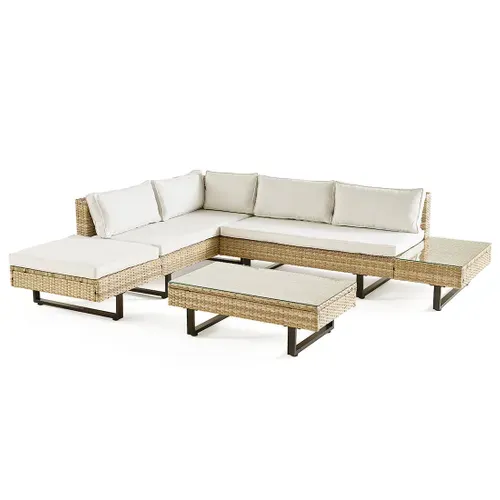 Sashi – Salon De Jardin D'angle En Résine Beige Et Grise – 5 Places - Coussins Gris Clair Et Table I