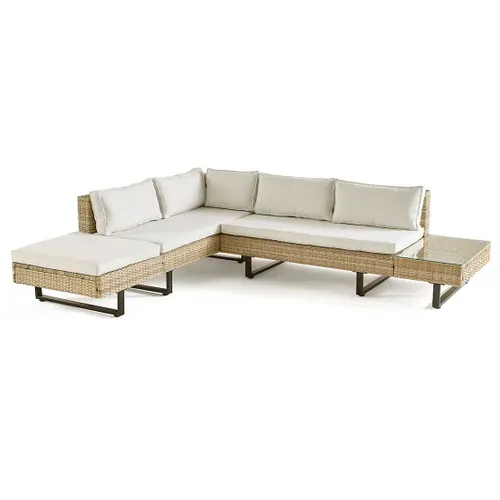 Sashi – Salon De Jardin D'angle En Résine Beige Et Grise – 5 Places - Coussins Gris Clair Et Table I