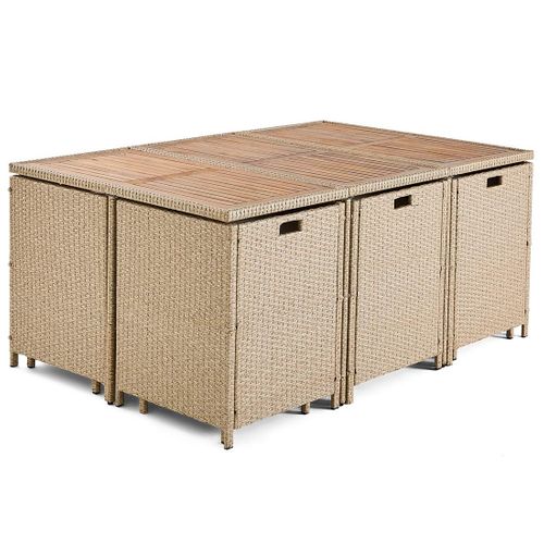 Cuba – Salon De Jardin Encastrable En Résine Tressé Beige - 10 Places - Coussins Beige + Housse De P