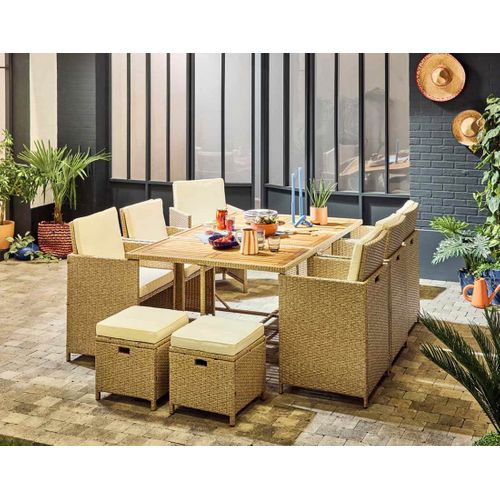 Cuba – Salon De Jardin Encastrable En Résine Tressé Beige - 10 Places - Coussins Beige + Housse De P