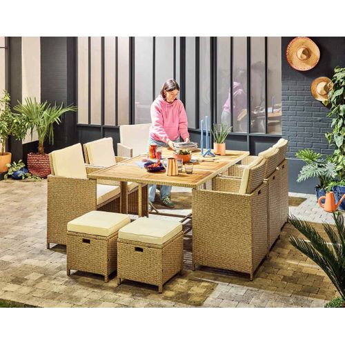 Cuba – Salon De Jardin Encastrable En Résine Tressé Beige - 10 Places - Coussins Beige + Housse De P